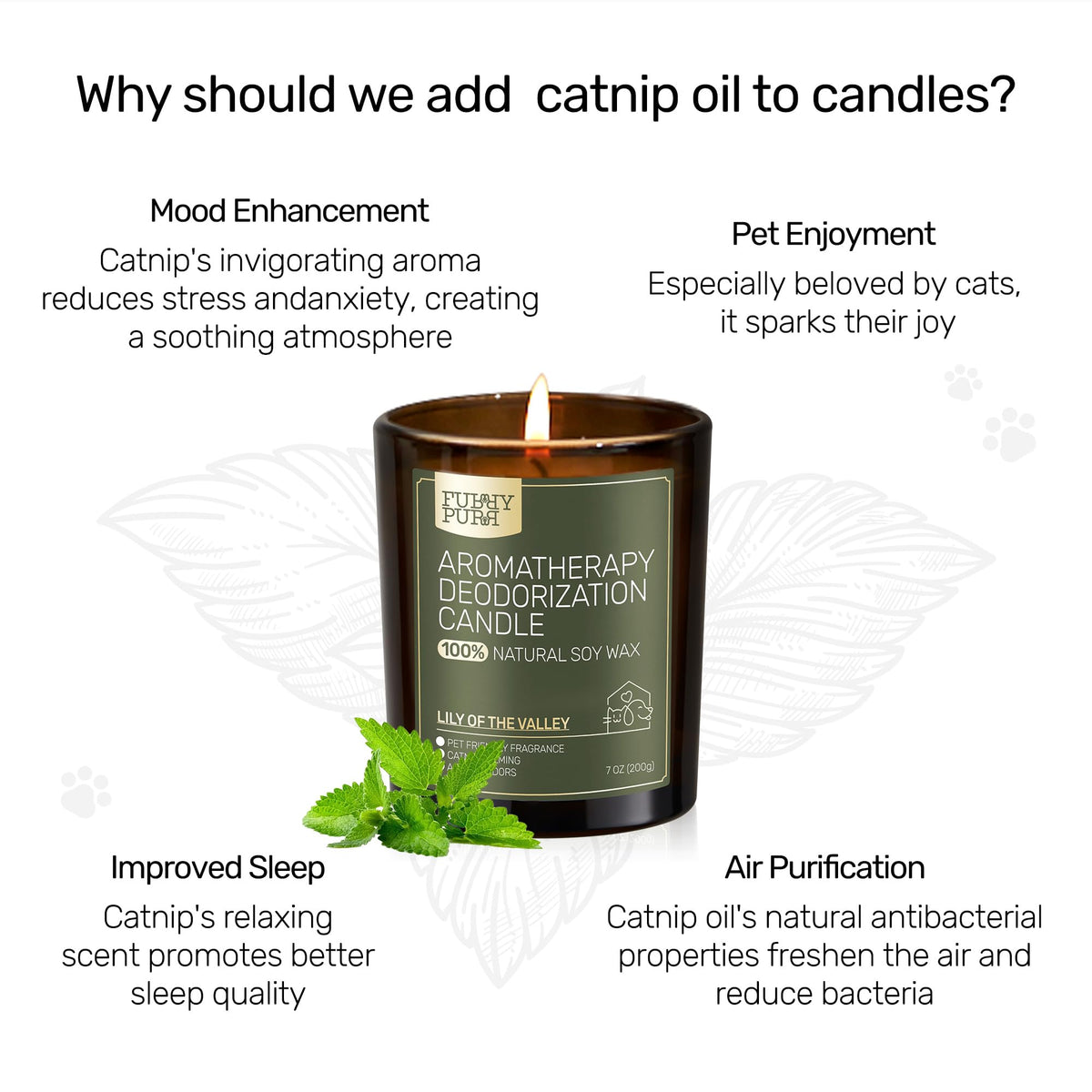 Furry Purr Pet Odor Eliminator Candle, Natural Soy Wax Candles with Catnip Essential Oil, Pet-Friendly Candles for Home Scented, Pet Lover Gifts, 60-Hour Burn Time, Lily of The Valley Fragrance, 7 oz - Sayby’s