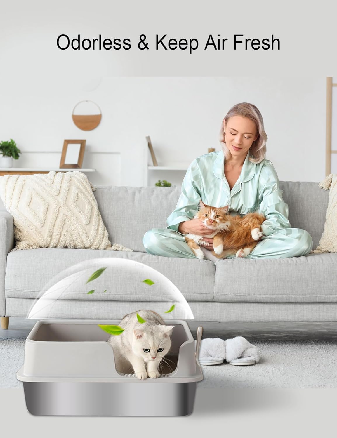 FURRYPAWS XL Stainless Steel Cat Litter Tray, Easy to Clean and Leak-Proof Stainless Steel Litter Box, 20L Large Cat Litter Trays with Litter Scoop (61x41x30cm) - Sayby’s