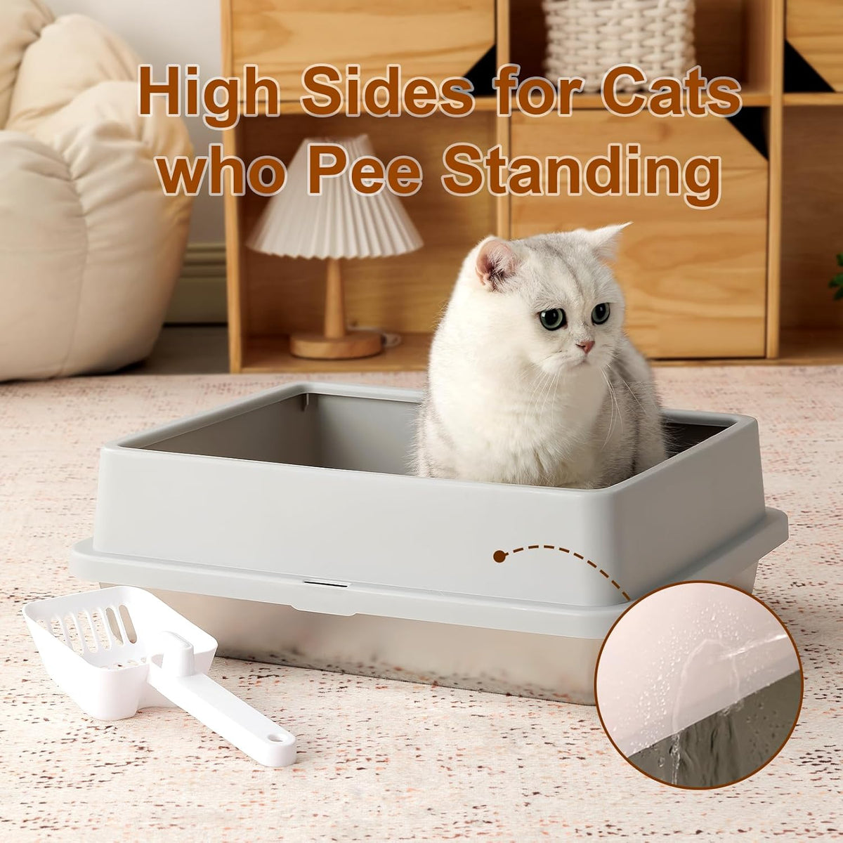 FURRYPAWS XL Stainless Steel Cat Litter Tray, Easy to Clean and Leak-Proof Stainless Steel Litter Box, 20L Large Cat Litter Trays with Litter Scoop (61x41x30cm) - Sayby’s