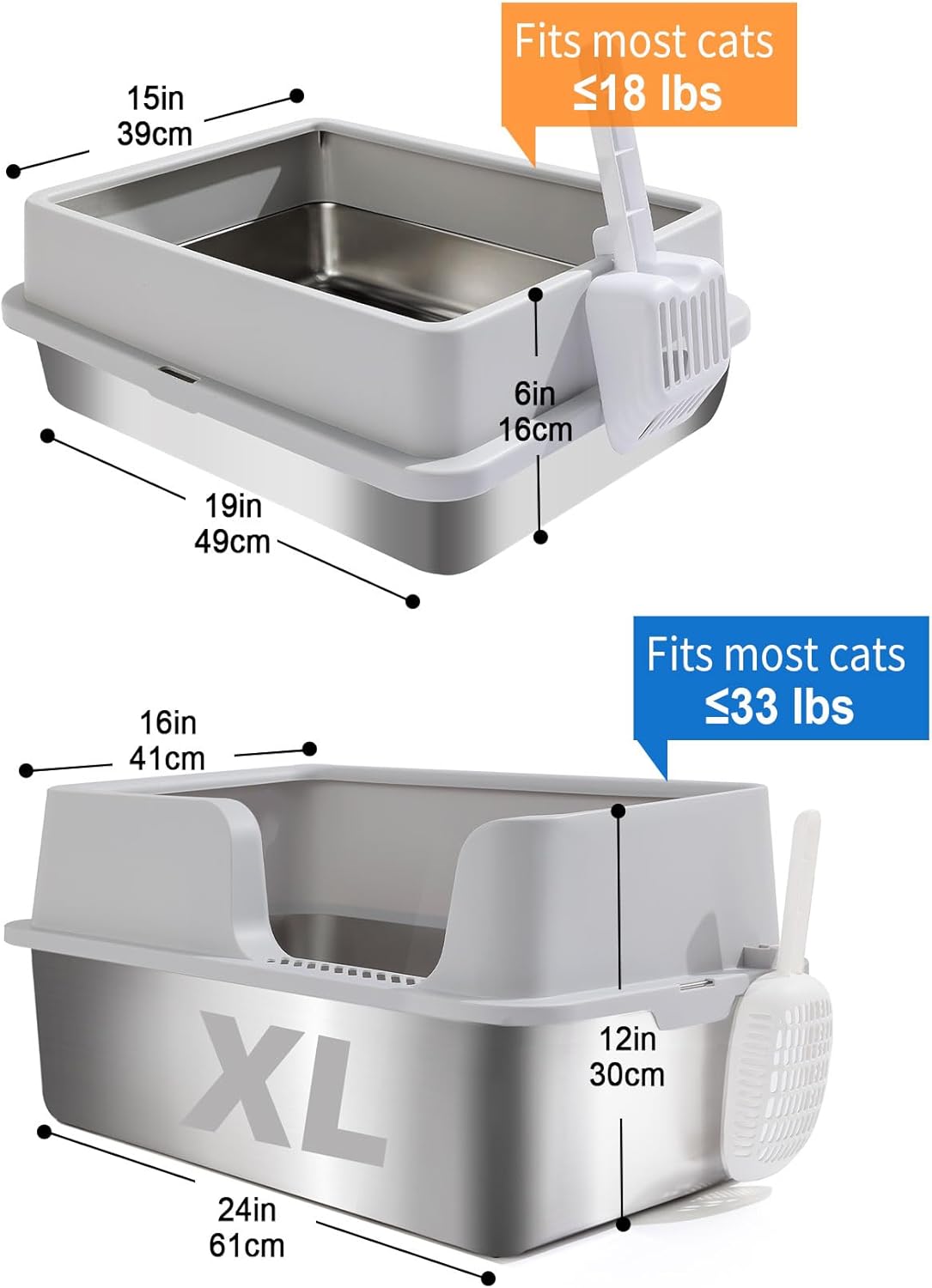 FURRYPAWS XL Stainless Steel Cat Litter Tray, Easy to Clean and Leak-Proof Stainless Steel Litter Box, 20L Large Cat Litter Trays with Litter Scoop (61x41x30cm) - Sayby’s