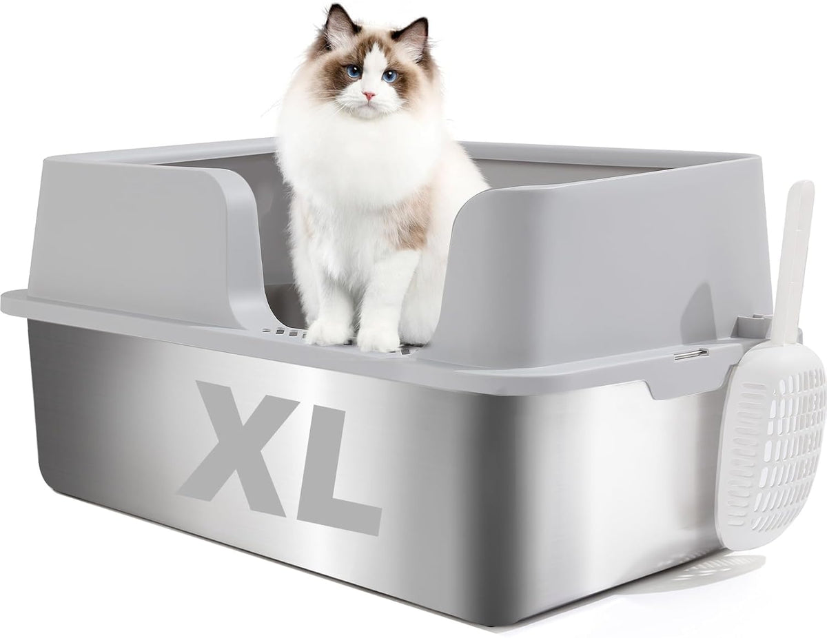 FURRYPAWS XL Stainless Steel Cat Litter Tray, Easy to Clean and Leak-Proof Stainless Steel Litter Box, 20L Large Cat Litter Trays with Litter Scoop (61x41x30cm) - Sayby’s