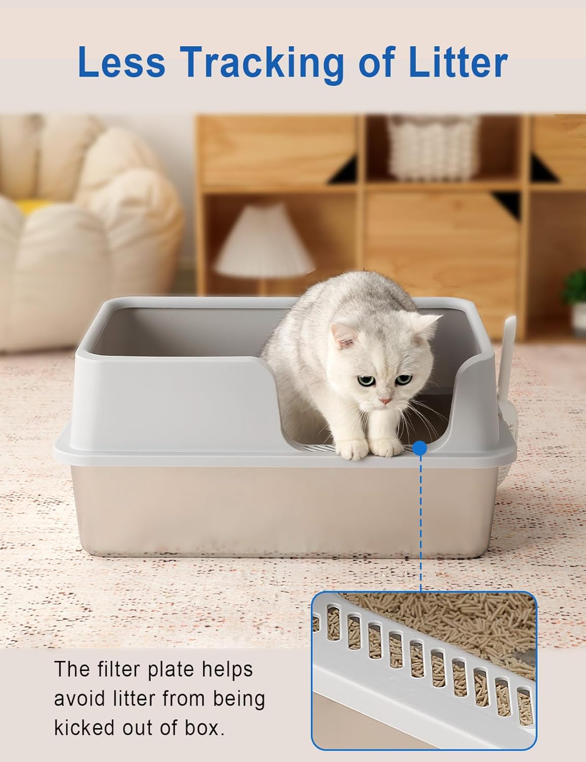 FURRYPAWS XL Stainless Steel Cat Litter Tray, Easy to Clean and Leak-Proof Stainless Steel Litter Box, 20L Large Cat Litter Trays with Litter Scoop (61x41x30cm) - Sayby’s