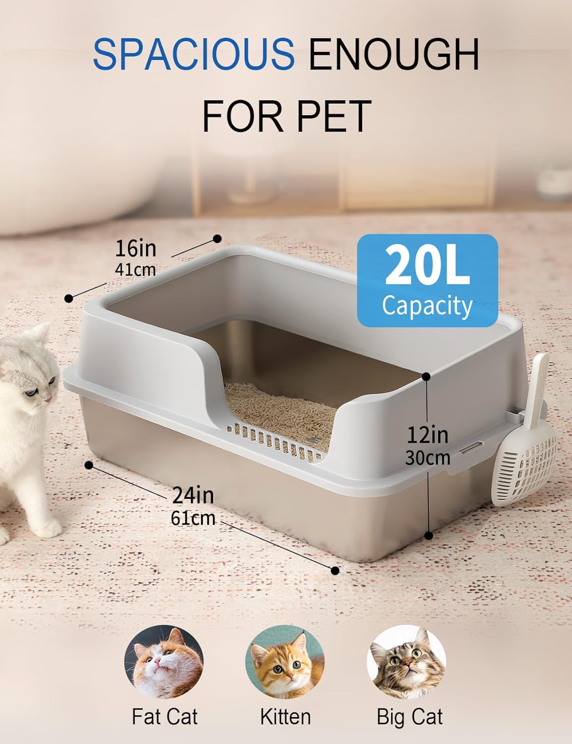 FURRYPAWS XL Stainless Steel Cat Litter Tray, Easy to Clean and Leak-Proof Stainless Steel Litter Box, 20L Large Cat Litter Trays with Litter Scoop (61x41x30cm) - Sayby’s