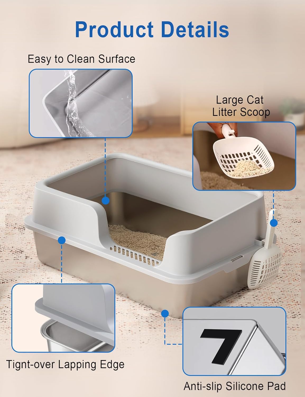 FURRYPAWS XL Stainless Steel Cat Litter Tray, Easy to Clean and Leak-Proof Stainless Steel Litter Box, 20L Large Cat Litter Trays with Litter Scoop (61x41x30cm) - Sayby’s