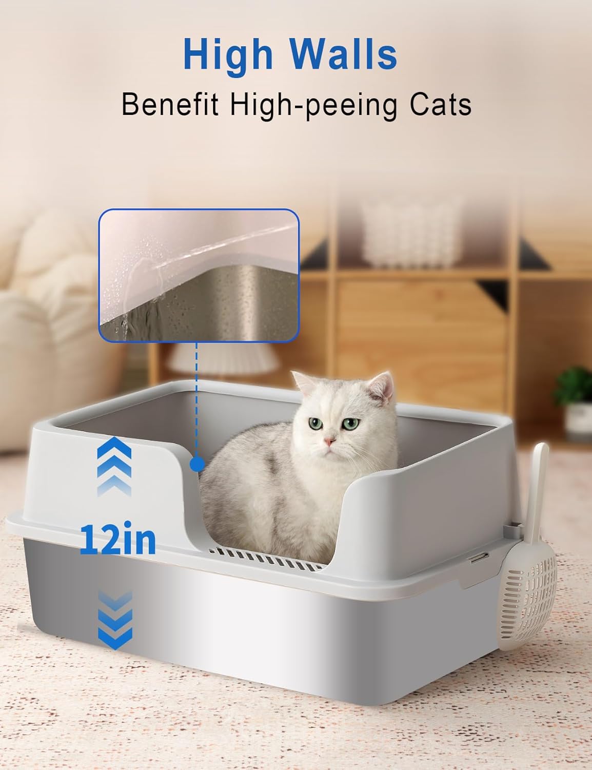 FURRYPAWS XL Stainless Steel Cat Litter Tray, Easy to Clean and Leak-Proof Stainless Steel Litter Box, 20L Large Cat Litter Trays with Litter Scoop (61x41x30cm) - Sayby’s