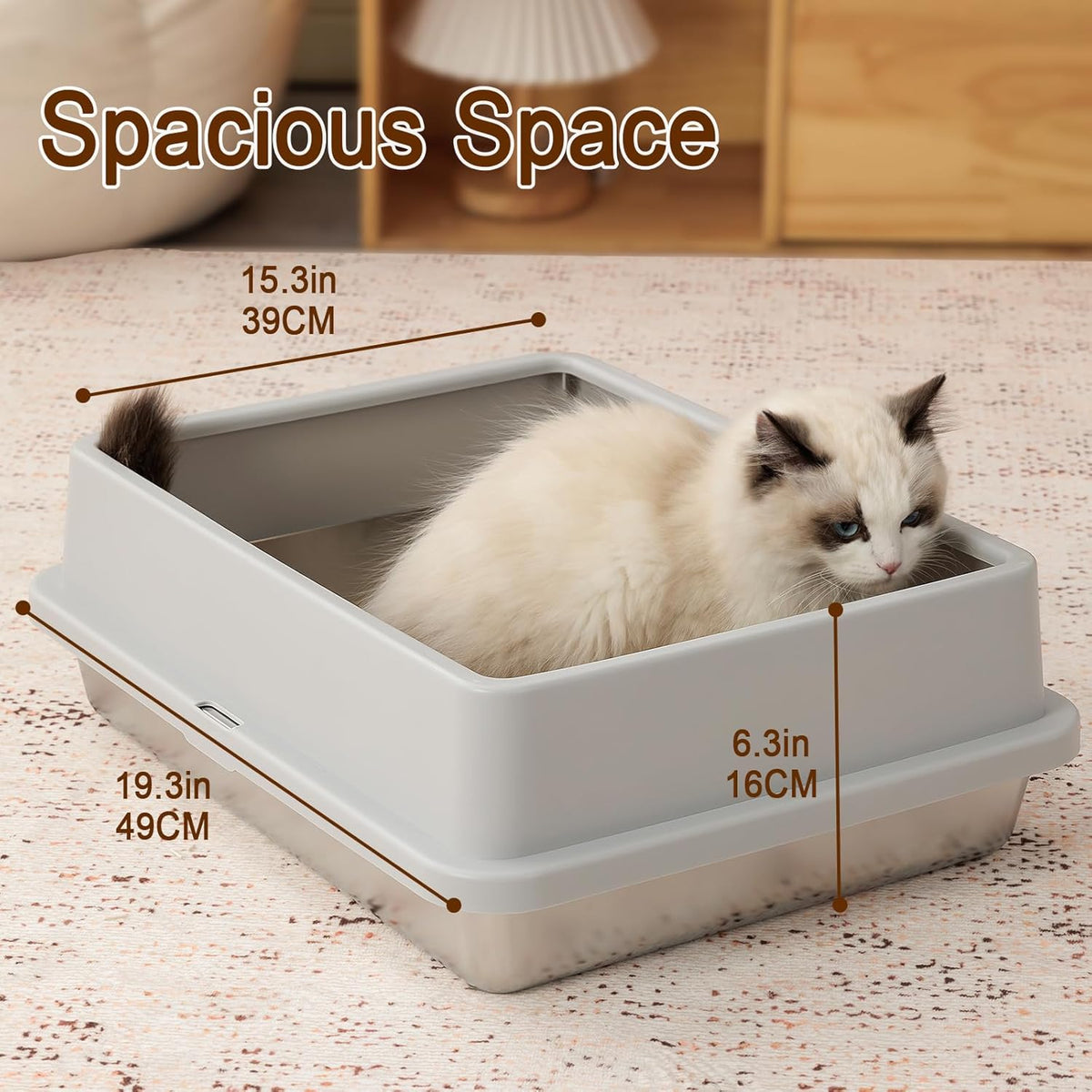 FURRYPAWS XL Stainless Steel Cat Litter Tray, Easy to Clean and Leak-Proof Stainless Steel Litter Box, 20L Large Cat Litter Trays with Litter Scoop (61x41x30cm) - Sayby’s