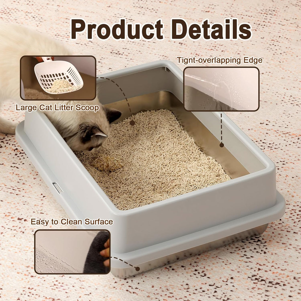 FURRYPAWS XL Stainless Steel Cat Litter Tray, Easy to Clean and Leak-Proof Stainless Steel Litter Box, 20L Large Cat Litter Trays with Litter Scoop (61x41x30cm) - Sayby’s