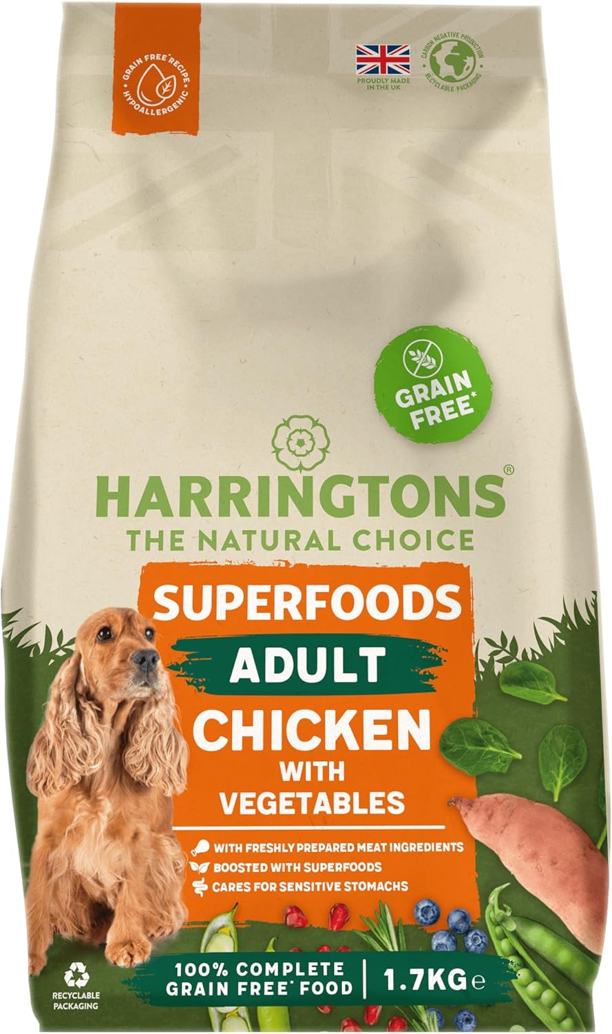 Harringtons Superfoods Complete Grain Free Dry Adult Dog Food Chicken with Veg 1.7kg (Pack of 4) - Made with All Natural Ingredients (Packaging may vary) - Sayby’s