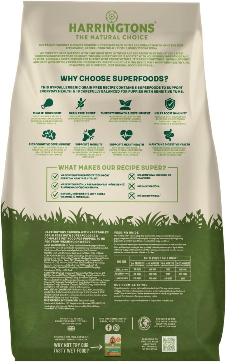 Harringtons Superfoods Puppy Complete Grain Free Hypoallergenic Chicken with Veg Dry Dog Food 10kg - Made with All Natural Ingredients, Packaging may vary - Sayby’s