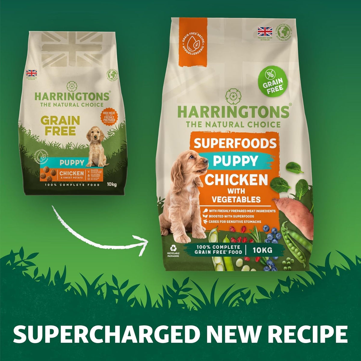 Harringtons Superfoods Puppy Complete Grain Free Hypoallergenic Chicken with Veg Dry Dog Food 10kg - Made with All Natural Ingredients, Packaging may vary - Sayby’s