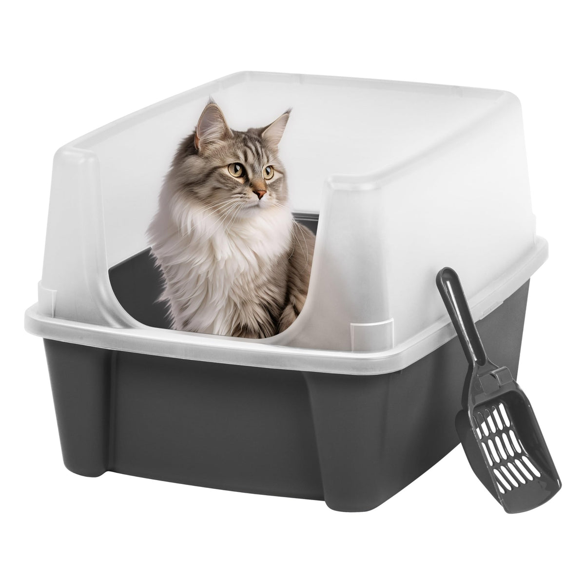 Iris Ohyama Cat Litter Tray with Scoop, Grey, Easy to Clean, Cat Litter Box, Detachable Spill Preventing Walls, For Kittens, Adult Cats, Rabbits, BPA Free, Open Top, Modern, CLH-12 - Sayby’s