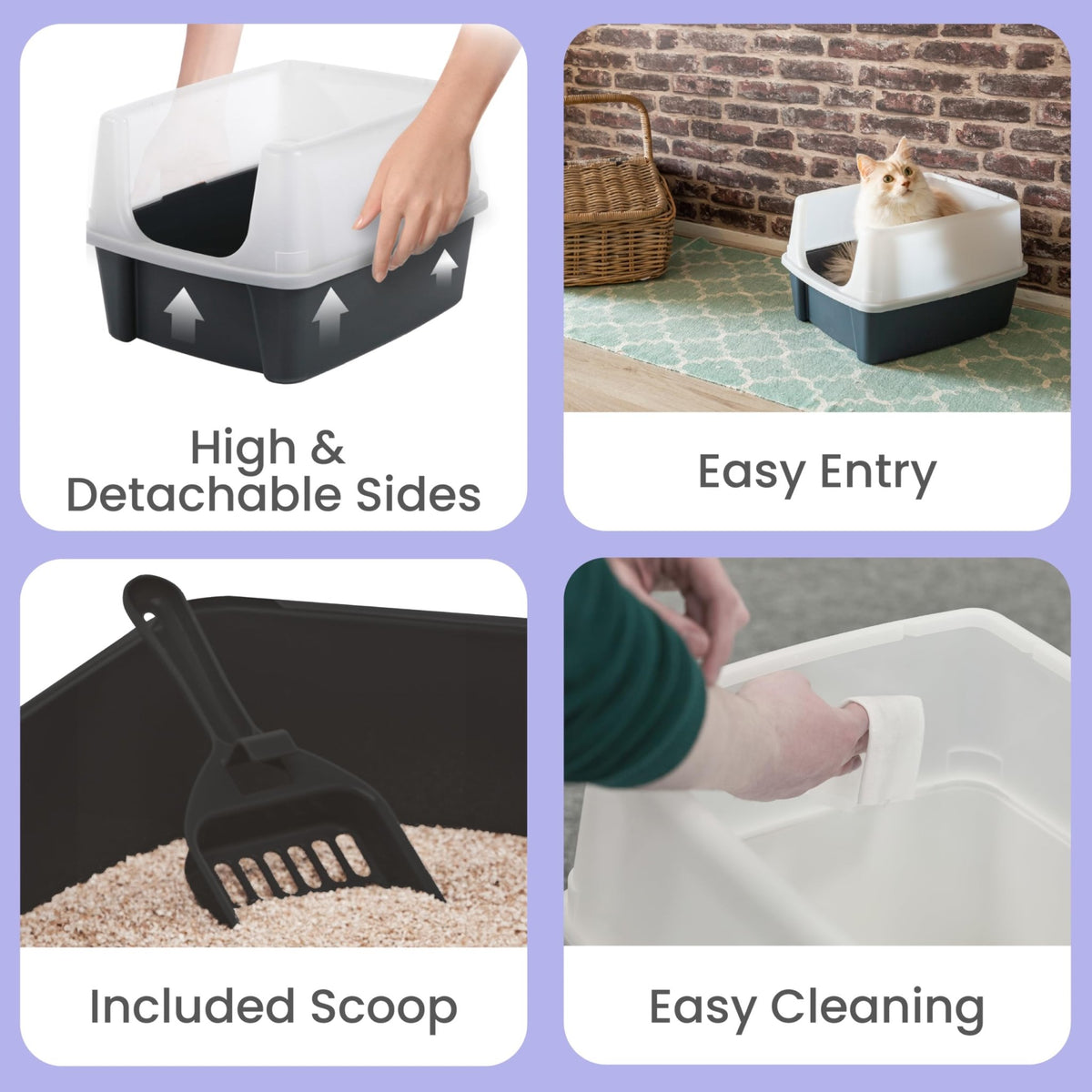 Iris Ohyama Cat Litter Tray with Scoop, Grey, Easy to Clean, Cat Litter Box, Detachable Spill Preventing Walls, For Kittens, Adult Cats, Rabbits, BPA Free, Open Top, Modern, CLH-12 - Sayby’s