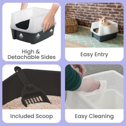 Iris Ohyama Cat Litter Tray with Scoop, Grey, Easy to Clean, Cat Litter Box, Detachable Spill Preventing Walls, For Kittens, Adult Cats, Rabbits, BPA Free, Open Top, Modern, CLH-12 - Sayby’s