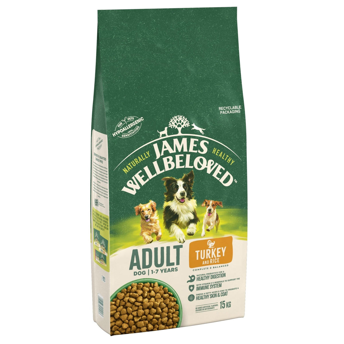 JAMES WELLBELOVED - Hypoallergenic Adult Dry Dog Food - 15 kg - Turkey & Rice - Bulk Dog Food Pack - Sayby’s