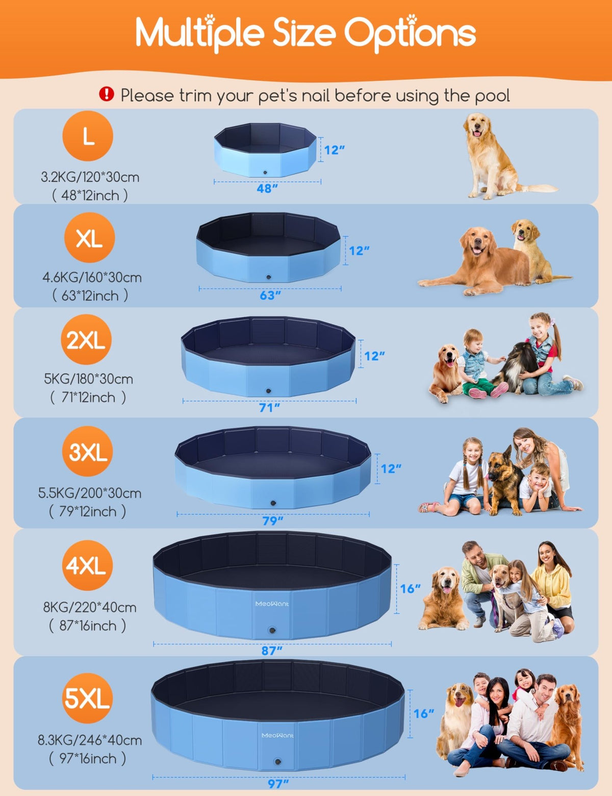 Meowant Foldable Dog Pool Dog Paddling Pool, Upgrade Thickened PP Material Swimming Pools for Large Dogs, Indoor Outdoor Portable Dog Pool, Large Kids Bath Pool with 4pcs Repair Patch (4XL-87 x 16) - Sayby’s