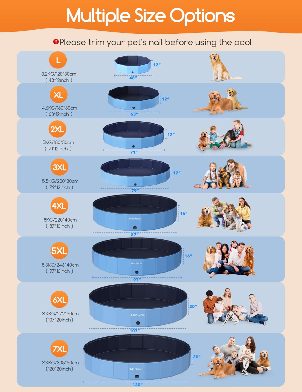 Meowant Foldable Dog Pool Dog Paddling Pool, Upgrade Thickened PP Material Swimming Pools for Large Dogs, Indoor Outdoor Portable Dog Pool, Large Kids Bath Pool with 4pcs Repair Patch (4XL-87 x 16) - Sayby’s
