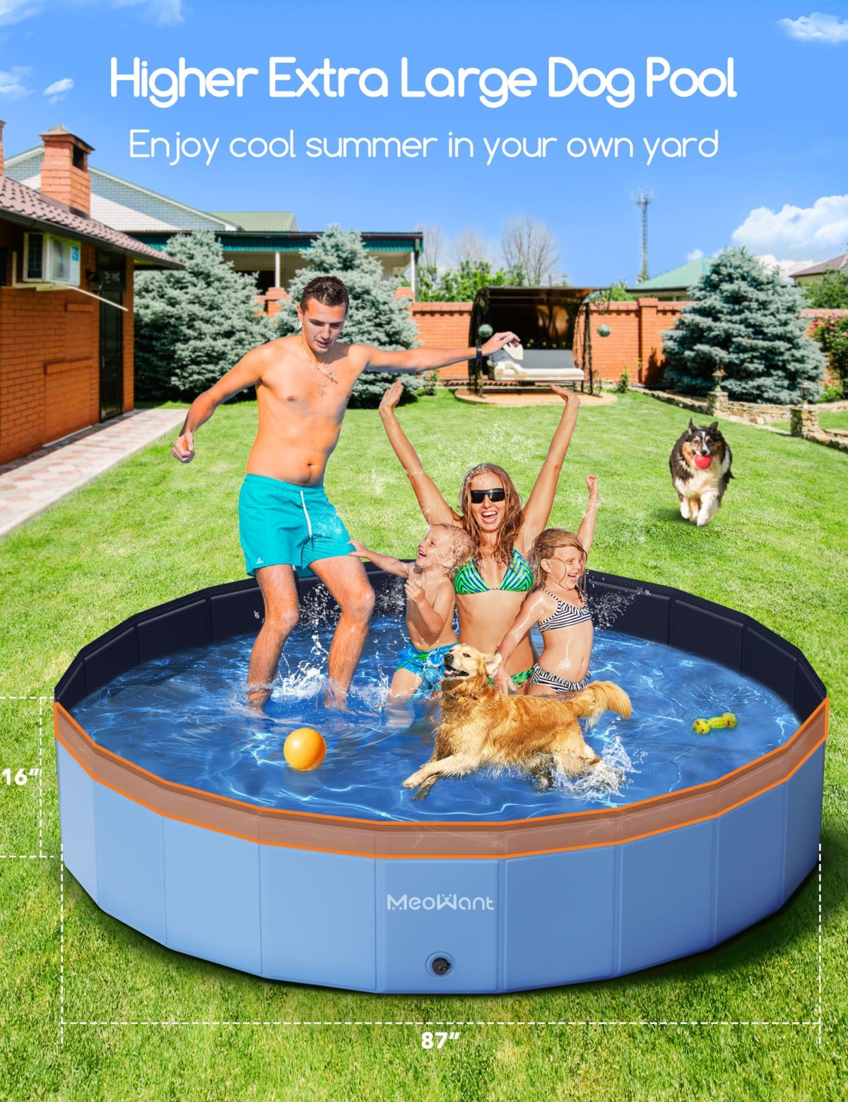 Meowant Foldable Dog Pool Dog Paddling Pool, Upgrade Thickened PP Material Swimming Pools for Large Dogs, Indoor Outdoor Portable Dog Pool, Large Kids Bath Pool with 4pcs Repair Patch (4XL-87 x 16) - Sayby’s