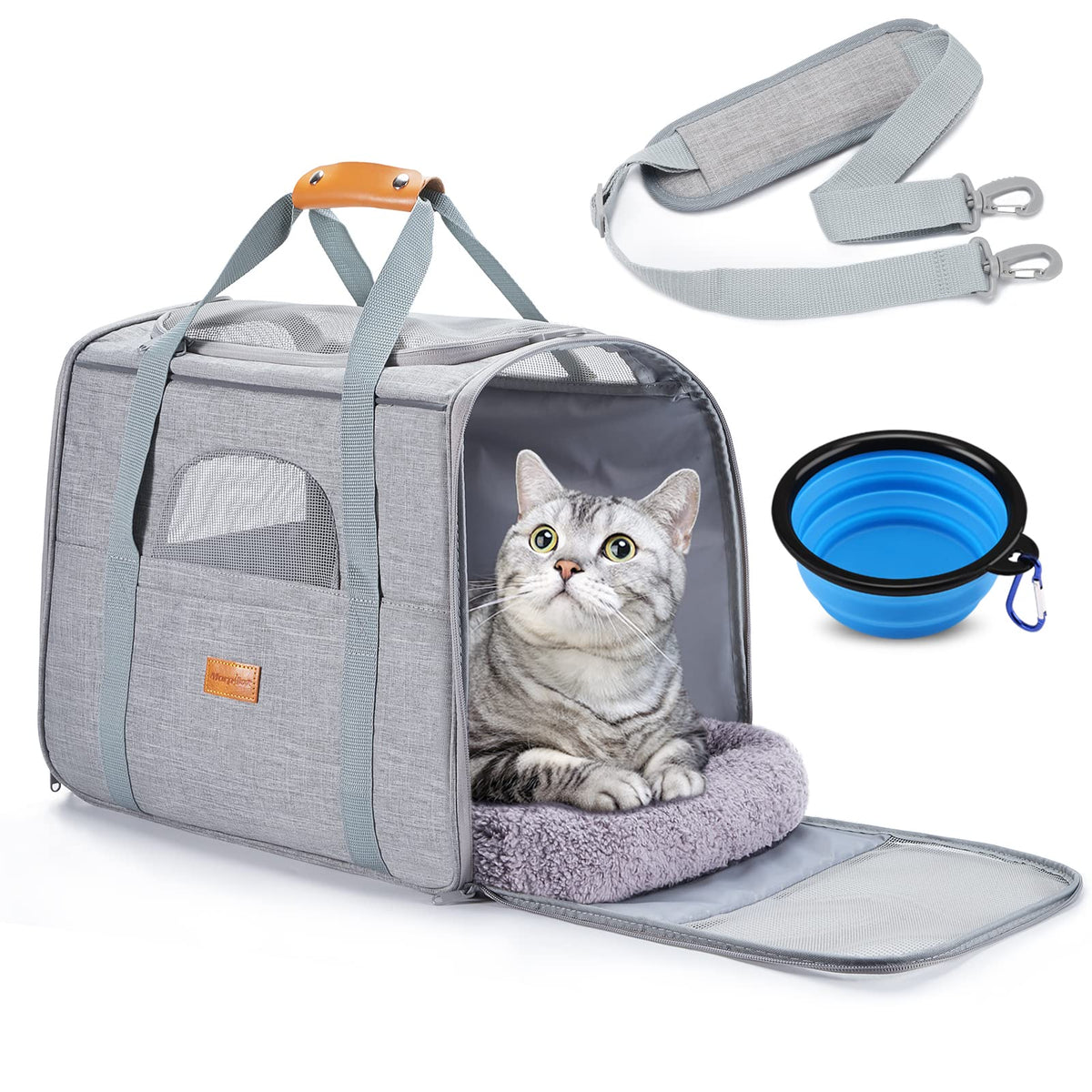 Morpilot Portable Pet Carrier Bag, Top Opening, Removable Mat and Breathable Mesh, Foldable Transport Carrier for Dogs and Cats, with Shoulder Strap and Pet Bowl - Sayby’s