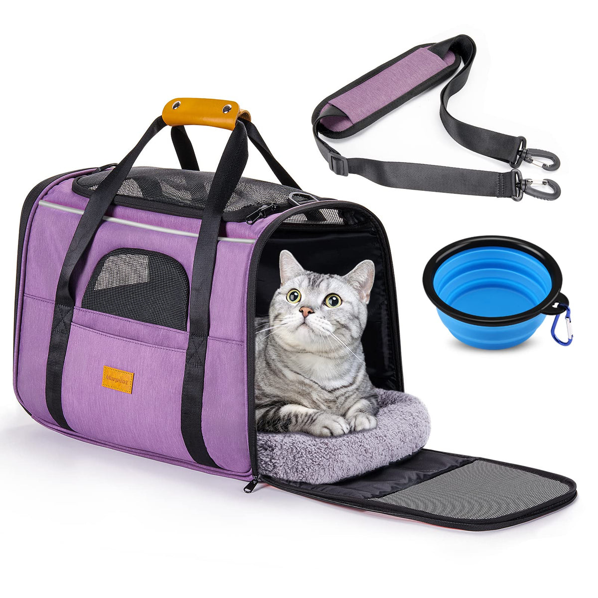 Morpilot Portable Pet Carrier Bag, Top Opening, Removable Mat and Breathable Mesh, Foldable Transport Carrier for Dogs and Cats, with Shoulder Strap and Pet Bowl - Sayby’s