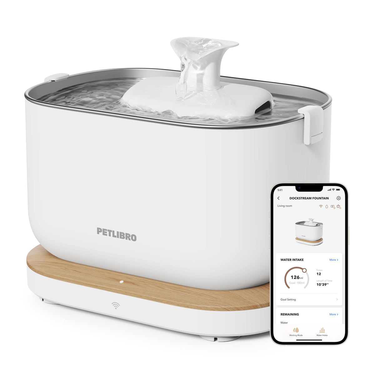 PETLIBRO Dockstream Cat Fountain, Smart Water Intake Tracker, 2.4 GHz WiFi App Control, Pet Drink Dispenser with Stainless Steel Tray, Plug-in Power Supply Required (White, 2.5L) - Sayby’s