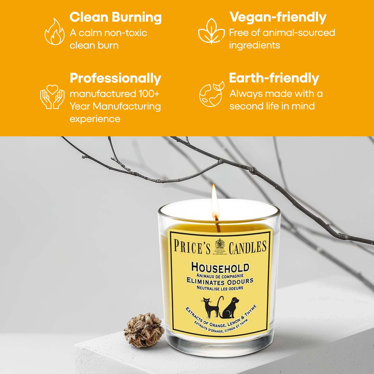 Price's - Household Pet Jar Candle - Odour Eliminating Candle - Made With Orange, Lemon & Thyme Extracts - Clean, Fresh, Quality Fragrance - Long Lasting Scent - Sayby’s
