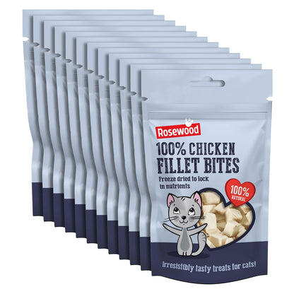 Rosewood Freeze Dried Chicken Bites for Cats - All Natural Chicken Fillet, Small, Bite-Sized Cat Treats, Grain-Free, Natural and Healthy Cat Snacks (Case of 12 x 15g Packs) - Sayby’s