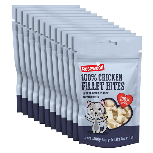 Rosewood Freeze Dried Chicken Bites for Cats - All Natural Chicken Fillet, Small, Bite-Sized Cat Treats, Grain-Free, Natural and Healthy Cat Snacks (Case of 12 x 15g Packs) - Sayby’s