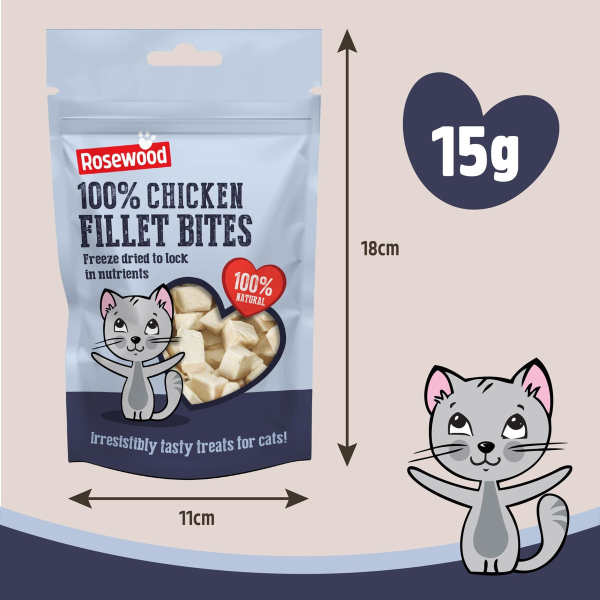 Rosewood Freeze Dried Chicken Bites for Cats - All Natural Chicken Fillet, Small, Bite-Sized Cat Treats, Grain-Free, Natural and Healthy Cat Snacks (Case of 12 x 15g Packs) - Sayby’s