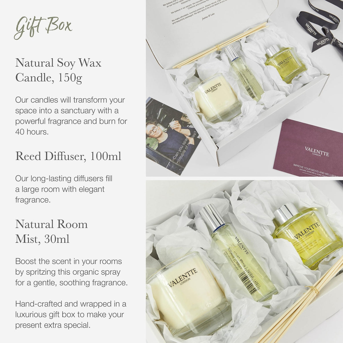 Scented Gift Box with Candle, Reed Diffuser, and Room Mist, Aromatherapy Essential Oils, Long Lasting Fragrance, Made in the UK (Lemongrass and Rosemary) (150g, 100ml, 30ml) - Valentte - Sayby’s