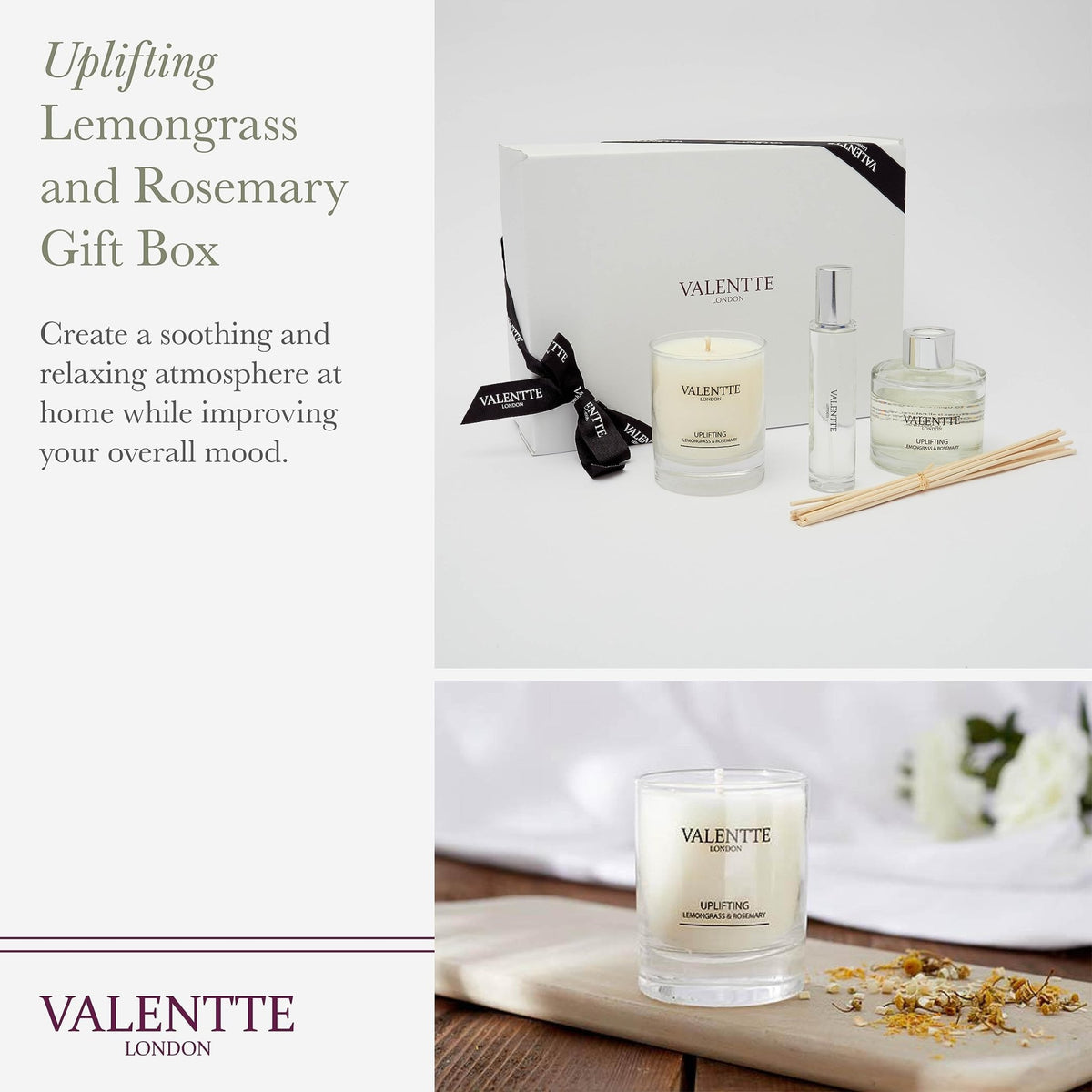 Scented Gift Box with Candle, Reed Diffuser, and Room Mist, Aromatherapy Essential Oils, Long Lasting Fragrance, Made in the UK (Lemongrass and Rosemary) (150g, 100ml, 30ml) - Valentte - Sayby’s