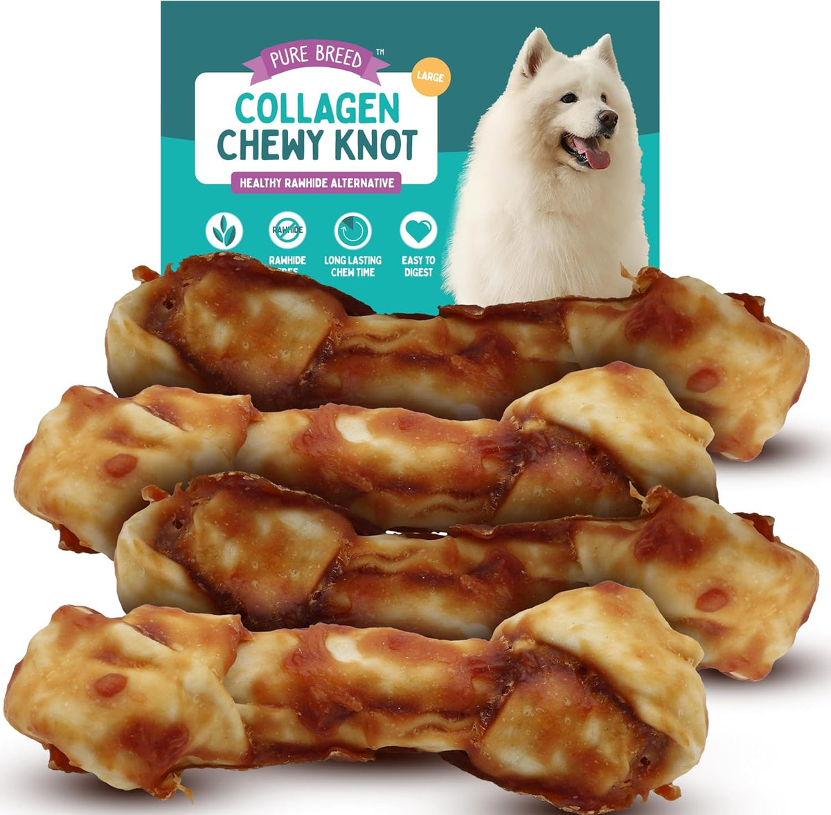 SOL 4pk Large Collagen Chewy Knots Chicken, 15 cm Tasty Dog Chews, Savoury Knotted Dog Treats for Large Dogs, High Protein Chicken Flavour Chews, Promotes Dental Health, Boredom Breaker - Sayby’s