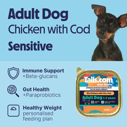 Tails.com Inner Vitality • Wet Dog Food 11 x 150g • Sensitive Chicken & Cod • Adult 1-7 years • Grain Free Recipe • Made with natural ingredients • Contains Omega 3 to Support Skin and Coat - Sayby’s