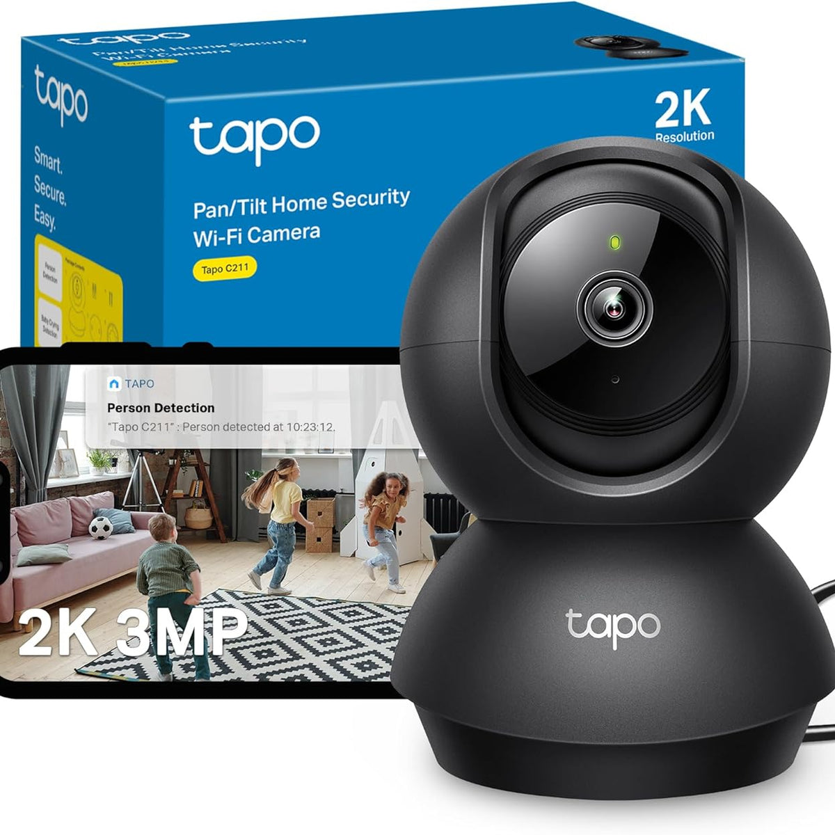 Tapo C211 2K 3MP Pan/Tilt Indoor Camera House Security Camera, WiFi Camera, No Monthly Fee, AI Detection, Dog Camera, Baby Camera Monitor, CCTV, 360° View, Night Vision, Works with Alexa & Google - Sayby’s