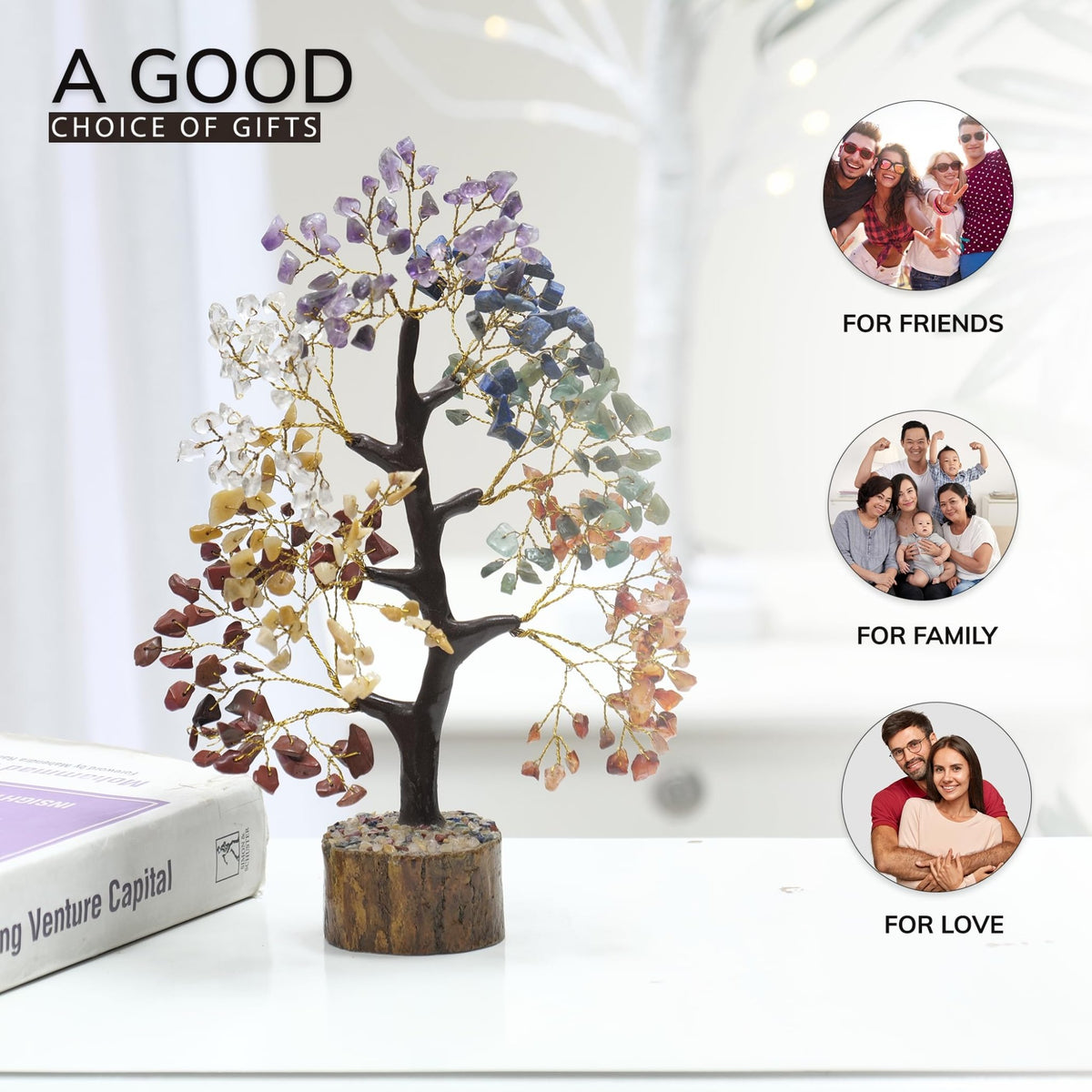 Tree of Life Gemstone Bonsai - Artificial Home and Office Decor, Spiritual Gift With Chakra Stones, Love Stone, Positive Energy - Crystal Rose Quartz - Sayby’s
