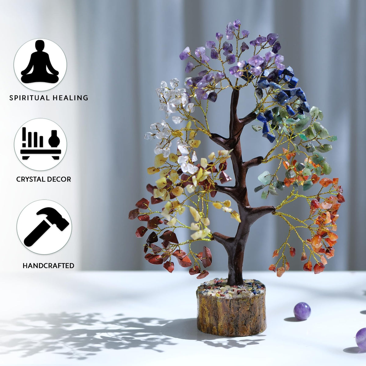 Tree of Life Gemstone Bonsai - Artificial Home and Office Decor, Spiritual Gift With Chakra Stones, Love Stone, Positive Energy - Crystal Rose Quartz - Sayby’s