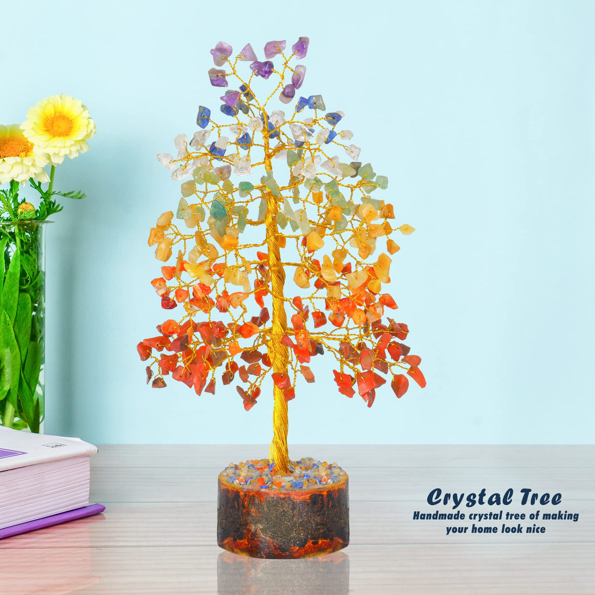 Tree of Life Gemstone Bonsai - Artificial Home and Office Decor, Spiritual Gift With Chakra Stones, Love Stone, Positive Energy - Crystal Rose Quartz - Sayby’s