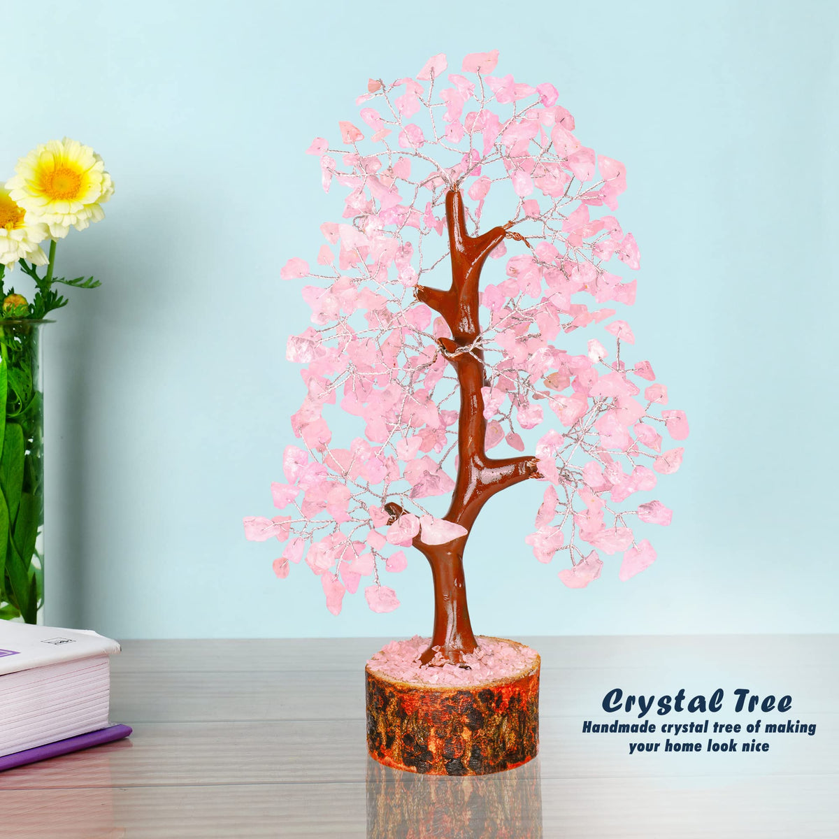 Tree of Life Gemstone Bonsai - Artificial Home and Office Decor, Spiritual Gift With Chakra Stones, Love Stone, Positive Energy - Crystal Rose Quartz - Sayby’s