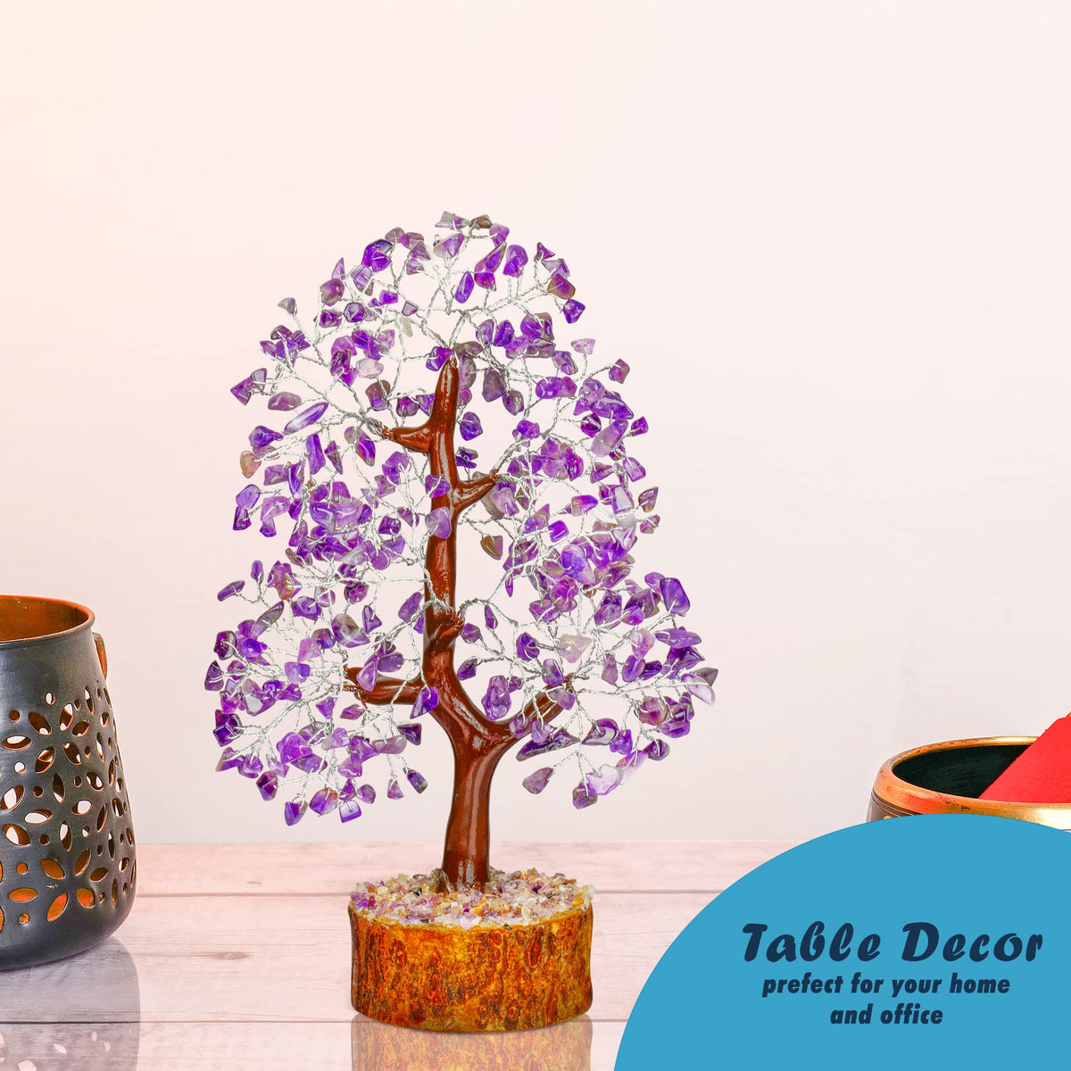 Tree of Life Gemstone Bonsai - Artificial Home and Office Decor, Spiritual Gift With Chakra Stones, Love Stone, Positive Energy - Crystal Rose Quartz - Sayby’s