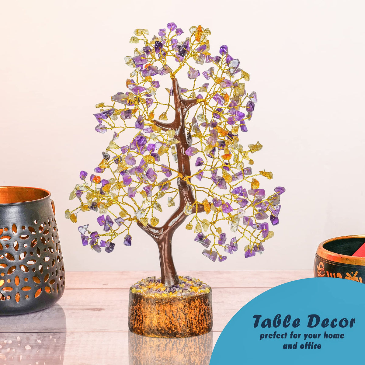 Tree of Life Gemstone Bonsai - Artificial Home and Office Decor, Spiritual Gift With Chakra Stones, Love Stone, Positive Energy - Crystal Rose Quartz - Sayby’s