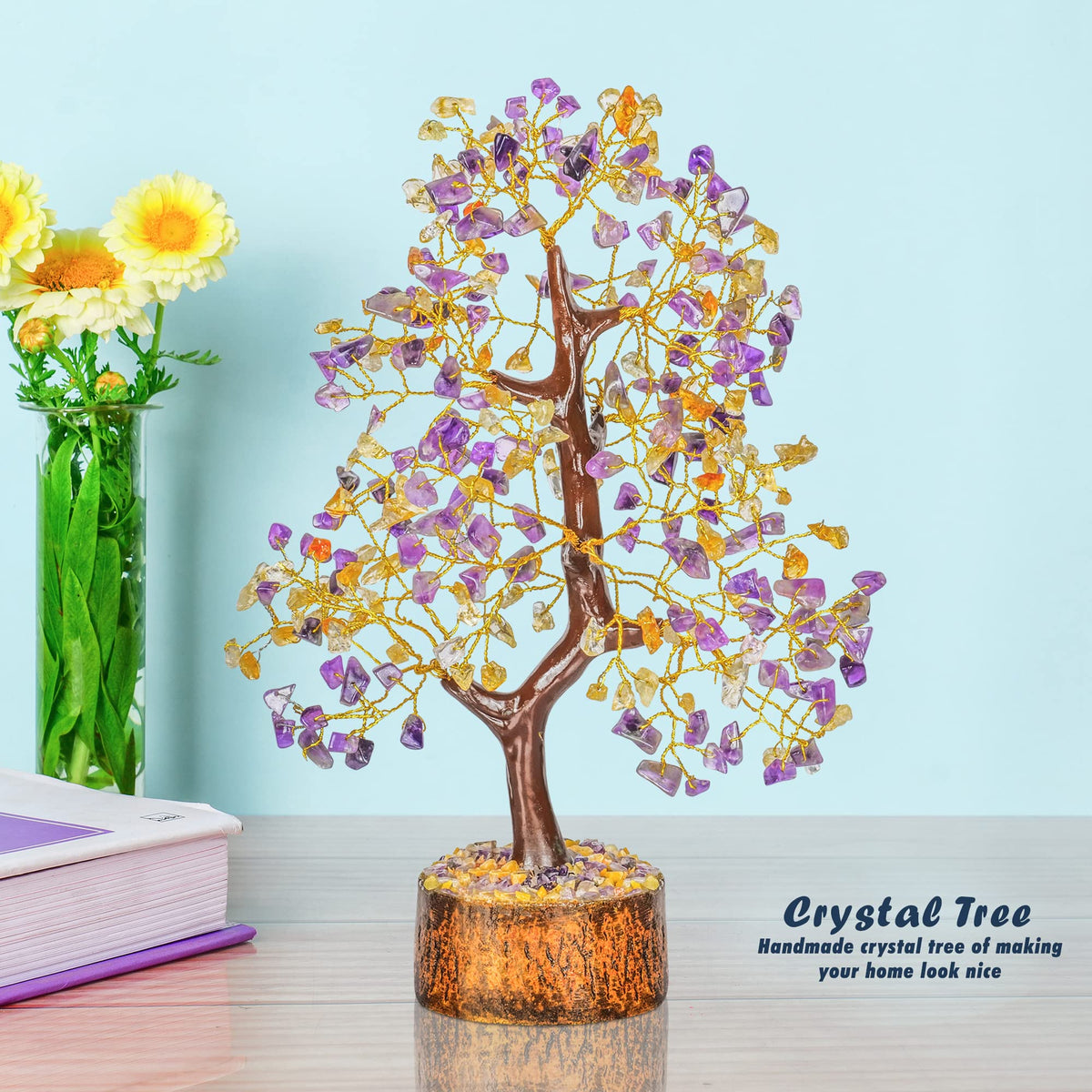 Tree of Life Gemstone Bonsai - Artificial Home and Office Decor, Spiritual Gift With Chakra Stones, Love Stone, Positive Energy - Crystal Rose Quartz - Sayby’s