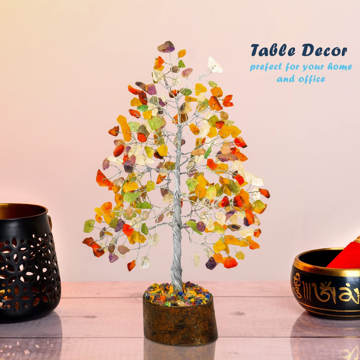 Tree of Life Gemstone Bonsai - Artificial Home and Office Decor, Spiritual Gift With Chakra Stones, Love Stone, Positive Energy - Crystal Rose Quartz - Sayby’s