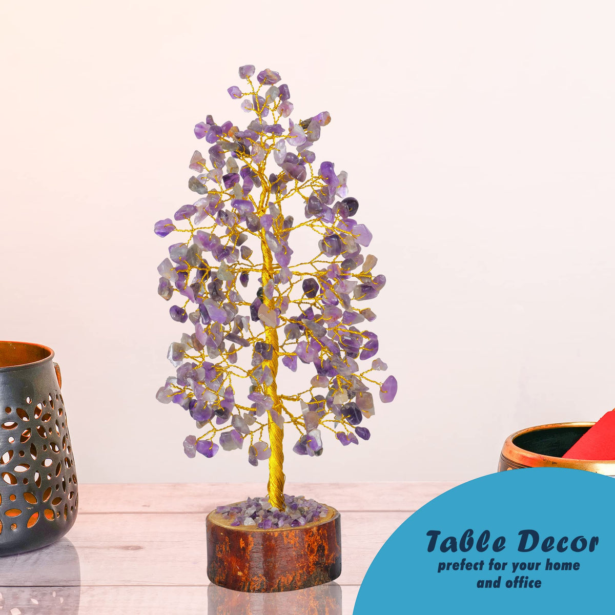 Tree of Life Gemstone Bonsai - Artificial Home and Office Decor, Spiritual Gift With Chakra Stones, Love Stone, Positive Energy - Crystal Rose Quartz - Sayby’s