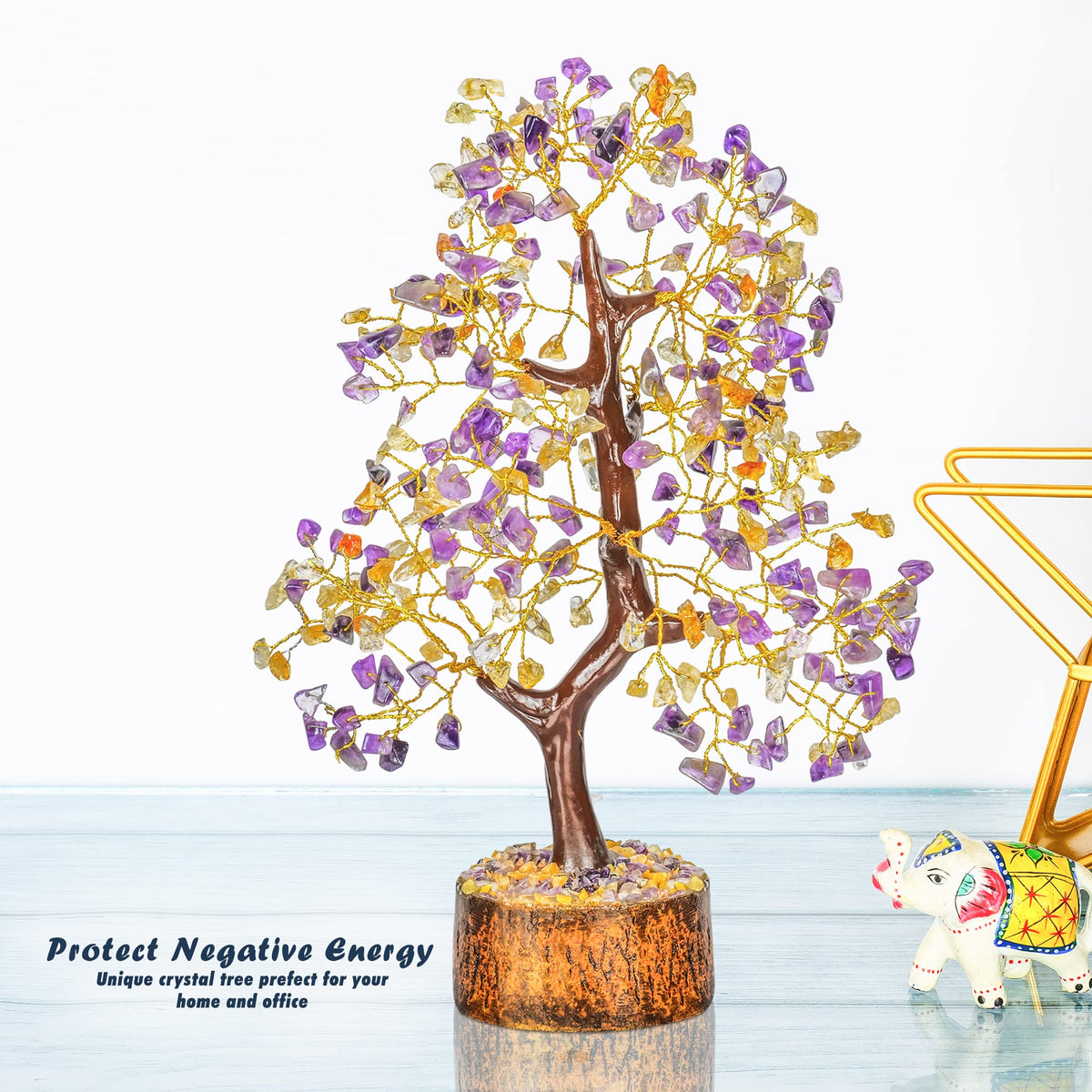 Tree of Life Gemstone Bonsai - Artificial Home and Office Decor, Spiritual Gift With Chakra Stones, Love Stone, Positive Energy - Crystal Rose Quartz - Sayby’s