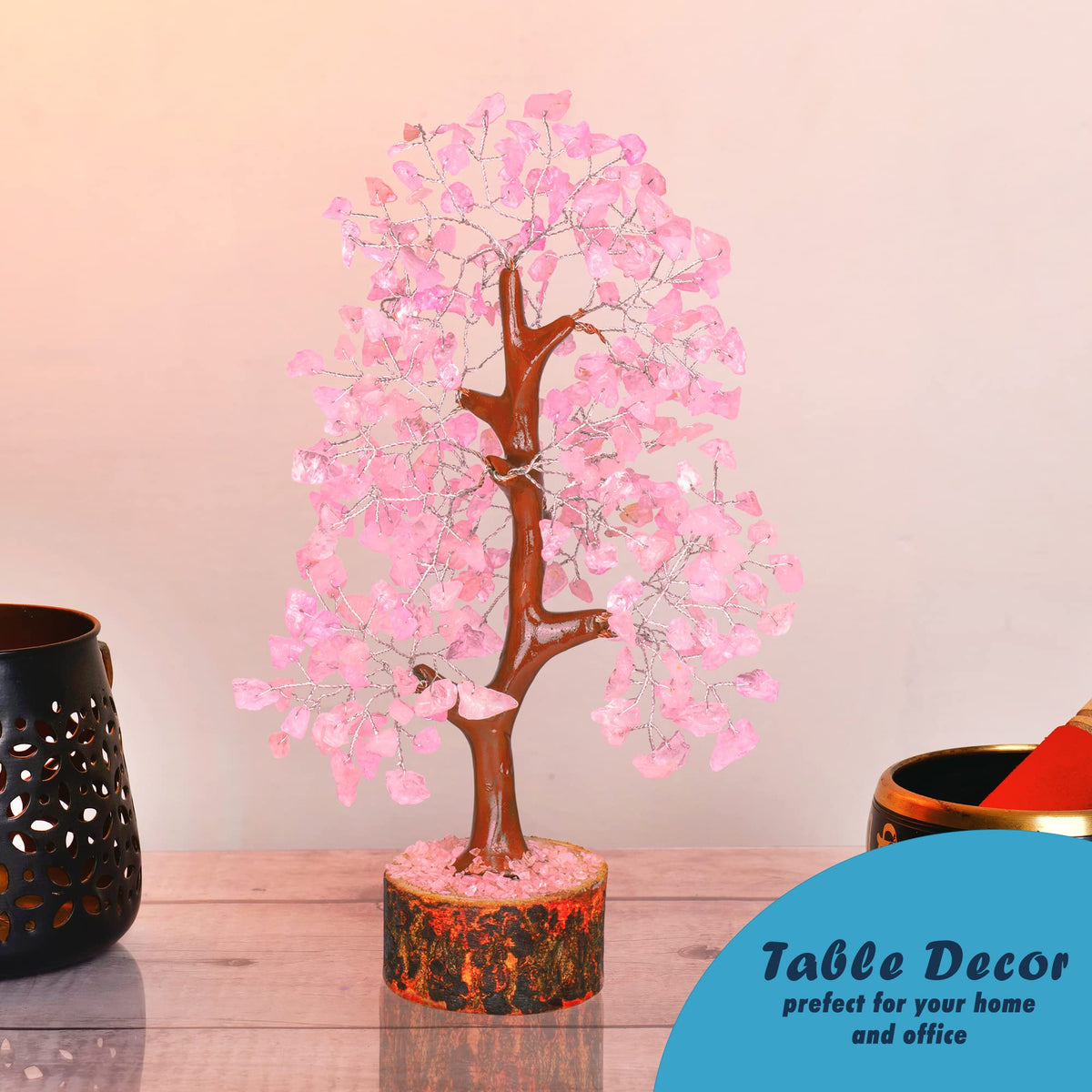 Tree of Life Gemstone Bonsai - Artificial Home and Office Decor, Spiritual Gift With Chakra Stones, Love Stone, Positive Energy - Crystal Rose Quartz - Sayby’s