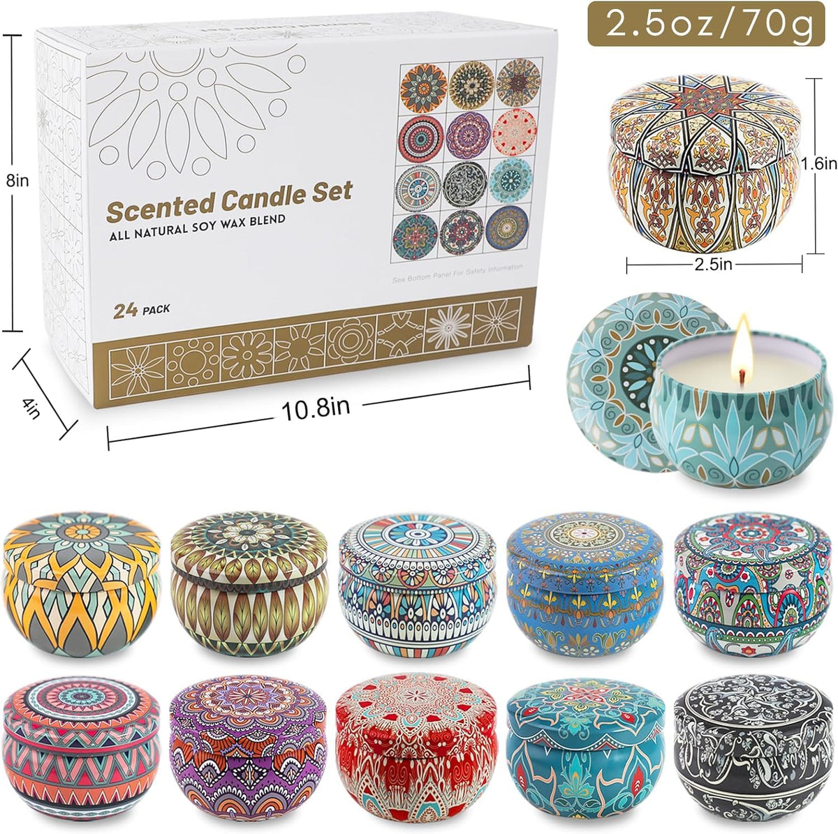 Yinuo Mirror Gifts for Women, 24 x 70 g Scented Candles Gift Set for Women, Soy Wax Aromatherapy Candles for Christmas, Birthday, Mother's Day, Valentine's Day, Bathroom, Yoga - Sayby’s